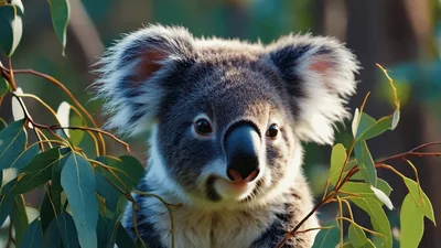 Cute Koala Looking Around In Eucalyptus Tree