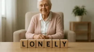 Senior Woman Sitting Behind Wooden Blocks Spelling Lonely