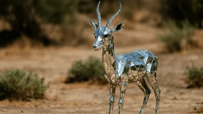 Mirror Gazelle Sculpture Standing In Desert Landscape