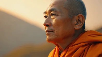 Elderly Buddhist Monk Meditating Outdoors at Sunset