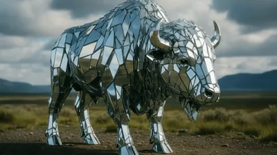 Mirrored Geometric Bison Sculpture Standing In Open Landscape