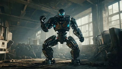 Futuristic Combat Robot Standing In Abandoned Industrial Warehouse
