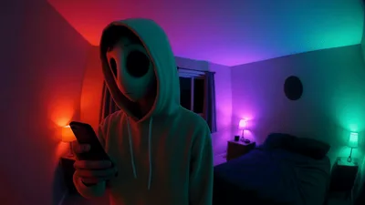Person Wearing Creepy Mask Using Smartphone In Bedroom
