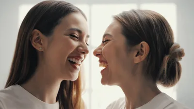 Two Young Women Laughing Together In Bright Room