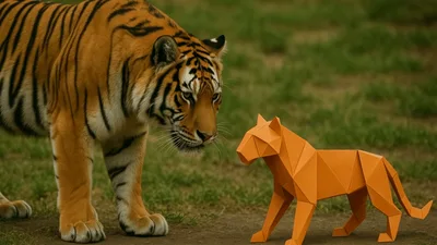 Real Tiger Observing An Orange Origami Paper Tiger