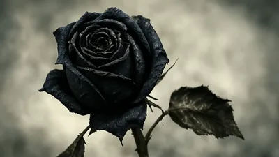 Single Dark Black Rose Against A Textured Grey Background