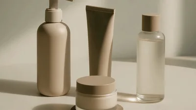 Minimalist Skincare Product Bottles Rotating On A Pedestal
