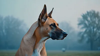 Alert Great Dane Dog Looking Around In Misty Park