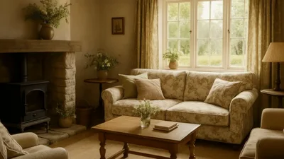 Cozy Cottage Living Room With Floral Sofa And Fireplace