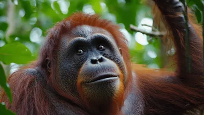 Orangutan Looking Around In The Lush Tropical Rainforest
