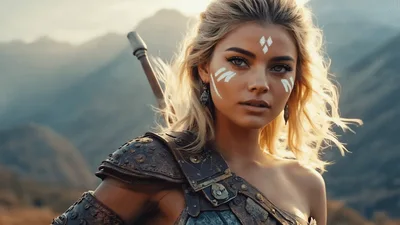 Blonde Female Warrior Standing In Mountain Landscape