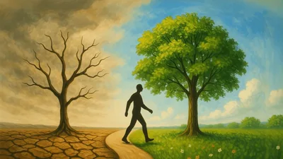 Silhouette Man Walking Between Barren And Lush Landscapes