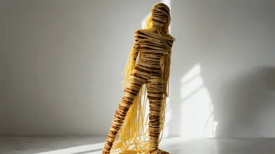 Person Wrapped In Spaghetti Standing In Studio