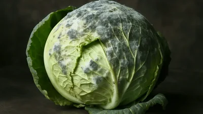 Rotten Cabbage Head With Mold Growth On Dark Background