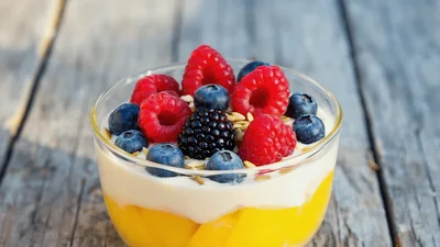 Fresh Fruit Yogurt Parfait In Glass Bowl