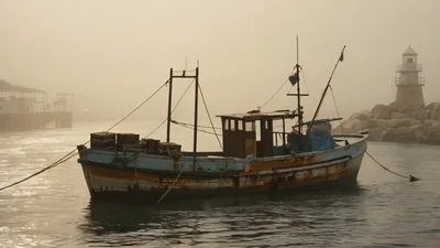 Old Fishing Boat Moored in Foggy Harbor