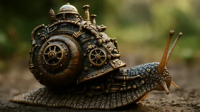 Steampunk Mechanical Snail Moving Slowly Across Dirt Ground