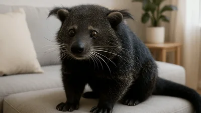 Binturong Sitting Still On A Living Room Ottoman