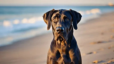 Black Great Dane Dog Sitting On Sandy Beach