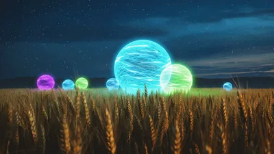 Glowing Energy Spheres Hovering Over A Wheat Field