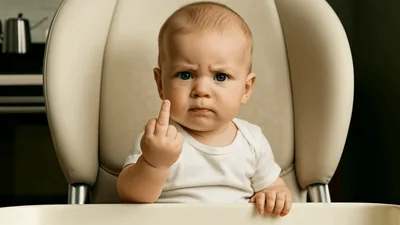 Baby Sitting In High Chair Giving Middle Finger