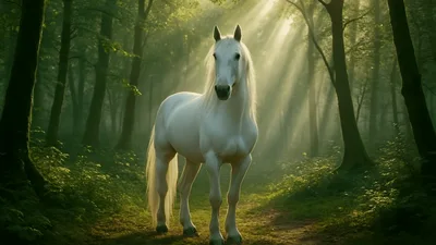 Majestic White Horse Standing In A Sunlit Forest