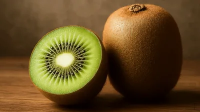 Fresh Kiwi Fruit Halves Resting On Wooden Surface