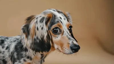 Dapple Dachshund Puppy Looking Around In Studio