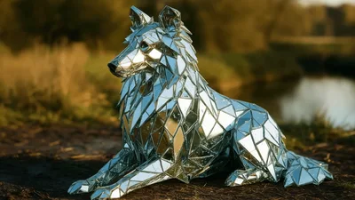Mirror Mosaic Wolf Sculpture Sitting Outdoors