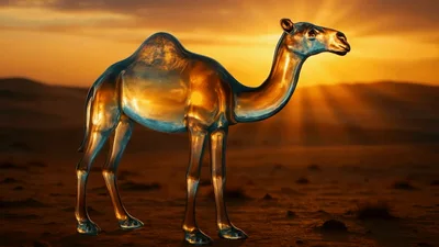 Glass Camel Sculpture Standing In A Desert Sunset