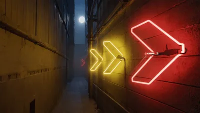 Neon Arrow Signs Glowing In A Dark Foggy Alleyway
