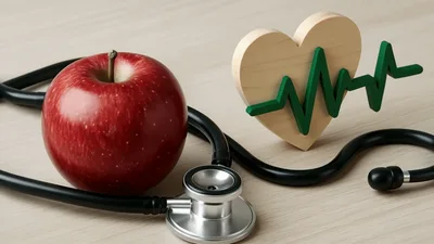 Stethoscope With Red Apple And Wooden Heart Symbol