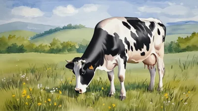 Black and White Cow Grazing in a Meadow