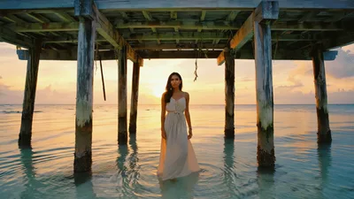 Woman Standing Under Wooden Pier At Sunset