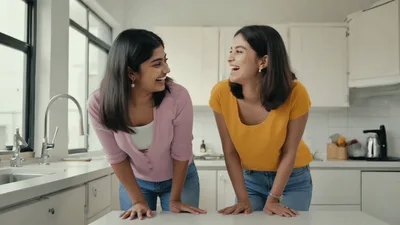 Two Young Women Laughing Together In A Kitchen