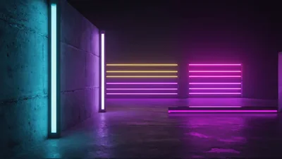 Neon Light Strips Glowing In Dark Concrete Room