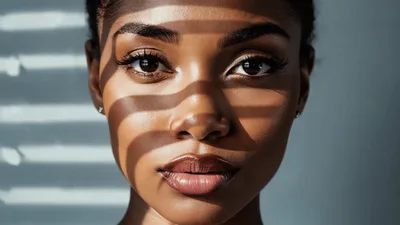 Close Up Portrait Of A Beautiful Woman With Blinds Shadows