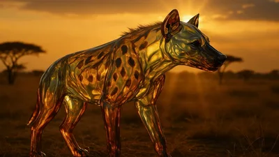 Glass Hyena Standing In African Savanna At Sunset