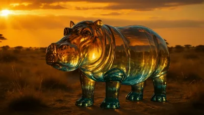 Glass Hippopotamus Statue Standing In African Savanna Sunset