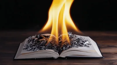 Open Book Burning With Flames On Wooden Table