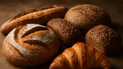 Assorted Freshly Baked Bread Loaves And Croissant