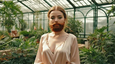 Woman With Red Beard Standing In Greenhouse