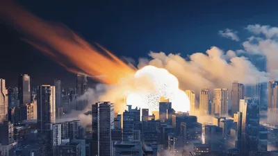 Meteor Impacting A Modern City Skyline At Night