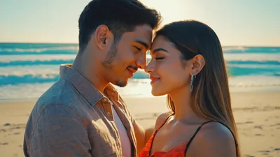 Young Couple Sharing Romantic Moment On Beach At Sunset