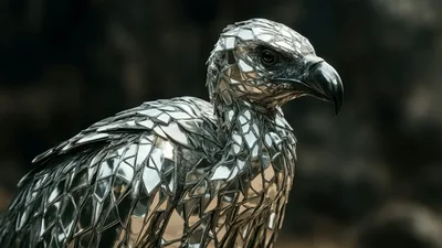 Mirror Mosaic Vulture Sculpture Standing Still