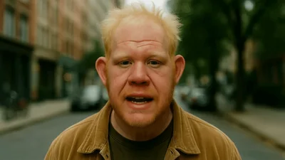 Albino Man Speaking Directly To Camera On City Street