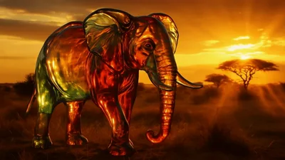 Stunning Iridescent Glass Elephant Standing In African Savannah