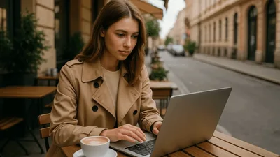 Young Woman Working On Laptop At Outdoor Cafe