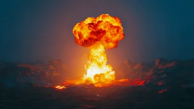 Massive Nuclear Explosion Mushroom Cloud Over Barren Landscape