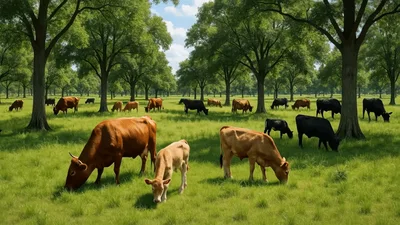 Cattle Grazing In A Lush Green Tree Lined Pasture